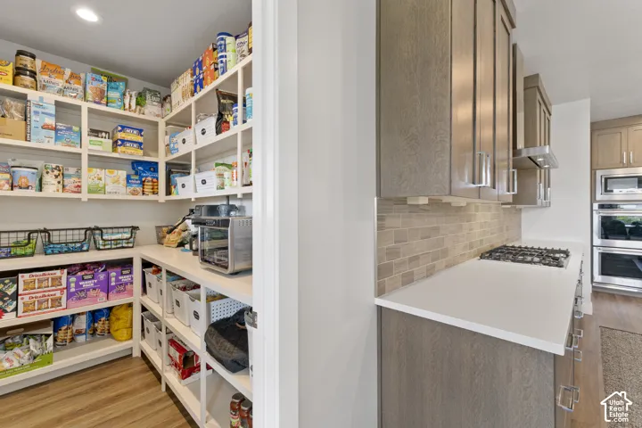 Generous walk-in pantry featuring floor-to-ceiling shelving with pull-out drawers, ample storage for dry goods and small appliances, wood-finish flooring, and direct access to the kitchen with quartz countertops and stainless steel gas cooktop visible bey