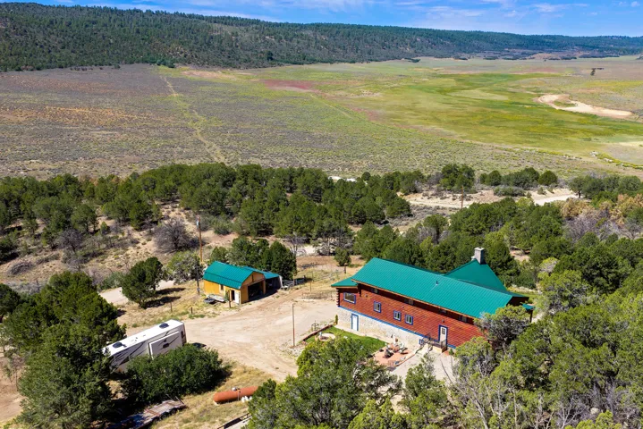 Red-sided residence with a green metal roof, a prominent chimney, and surrounding natural landscaping