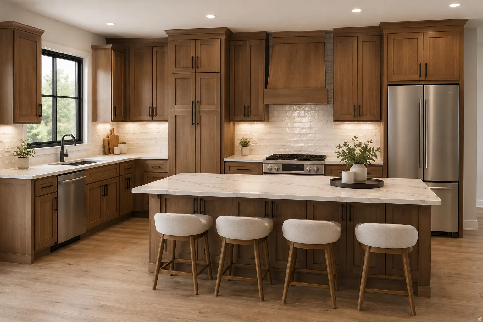 Spacious kitchen featuring wood-finish cabinetry, a large center island with a light-toned countertop, stainless steel appliances, and a tile backsplash