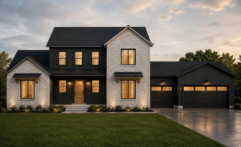 Stone and vertical siding exterior with a dark shingle roof