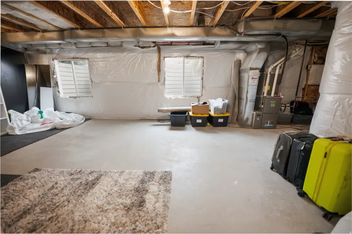 Unfinished basement with exposed ceiling joists and concrete flooring