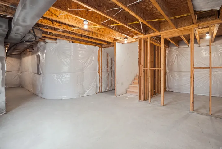 Unfinished lower level featuring exposed wood framing, concrete flooring, and insulated walls