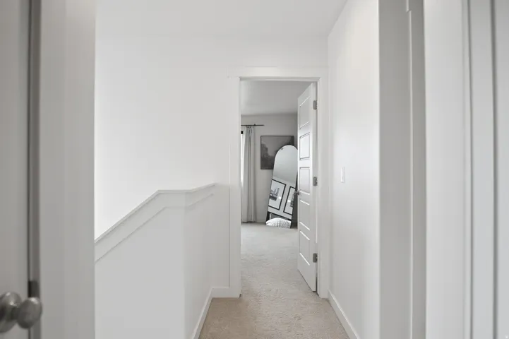 White painted walls, carpeted flooring, and white trim details