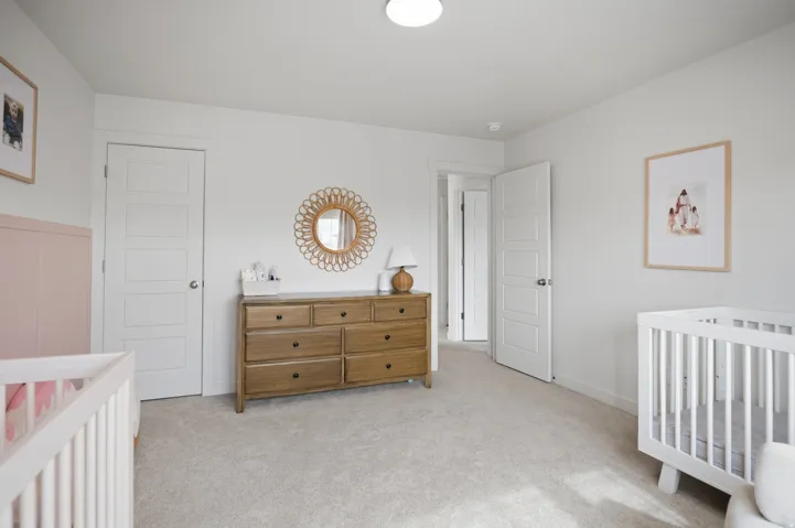 Neutral wall paint, plush carpeting, recessed ceiling light, and panel doors