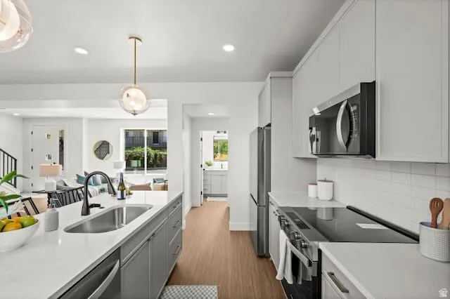 Kitchen featuring a large island with an undermount sink, light gray cabinetry, stainless steel appliances, and LVP flooring