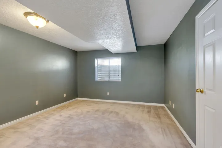 Spacious room with neutral sage-green walls, neutral carpeting, and recessed lighting