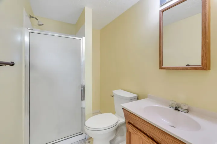 Bathroom featuring a shower stall with a frosted glass enclosure, a vanity with a white countertop and integrated sink, a wood-finish cabinet, and a framed mirror