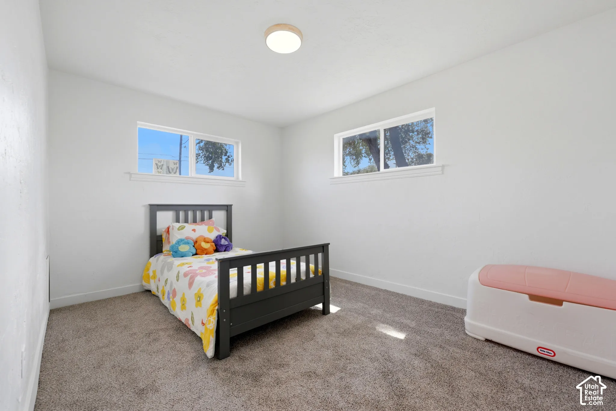 Plush carpeted flooring and white painted walls