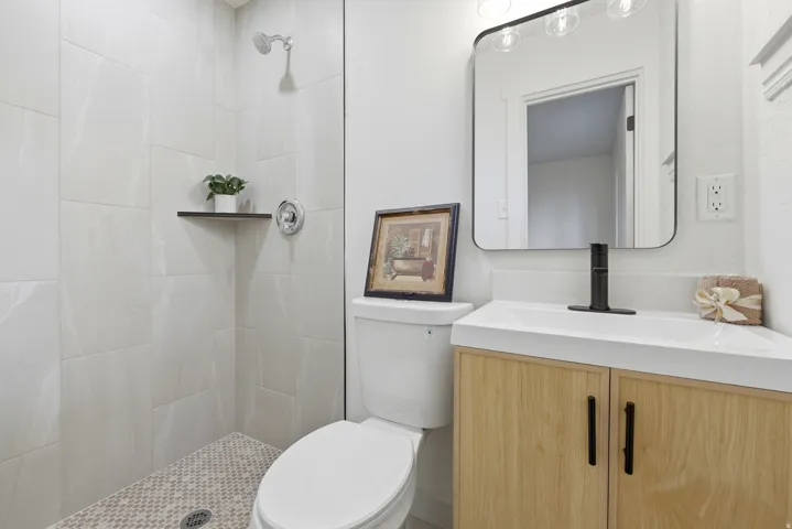Walk-in shower with large format wall tiles and mosaic floor