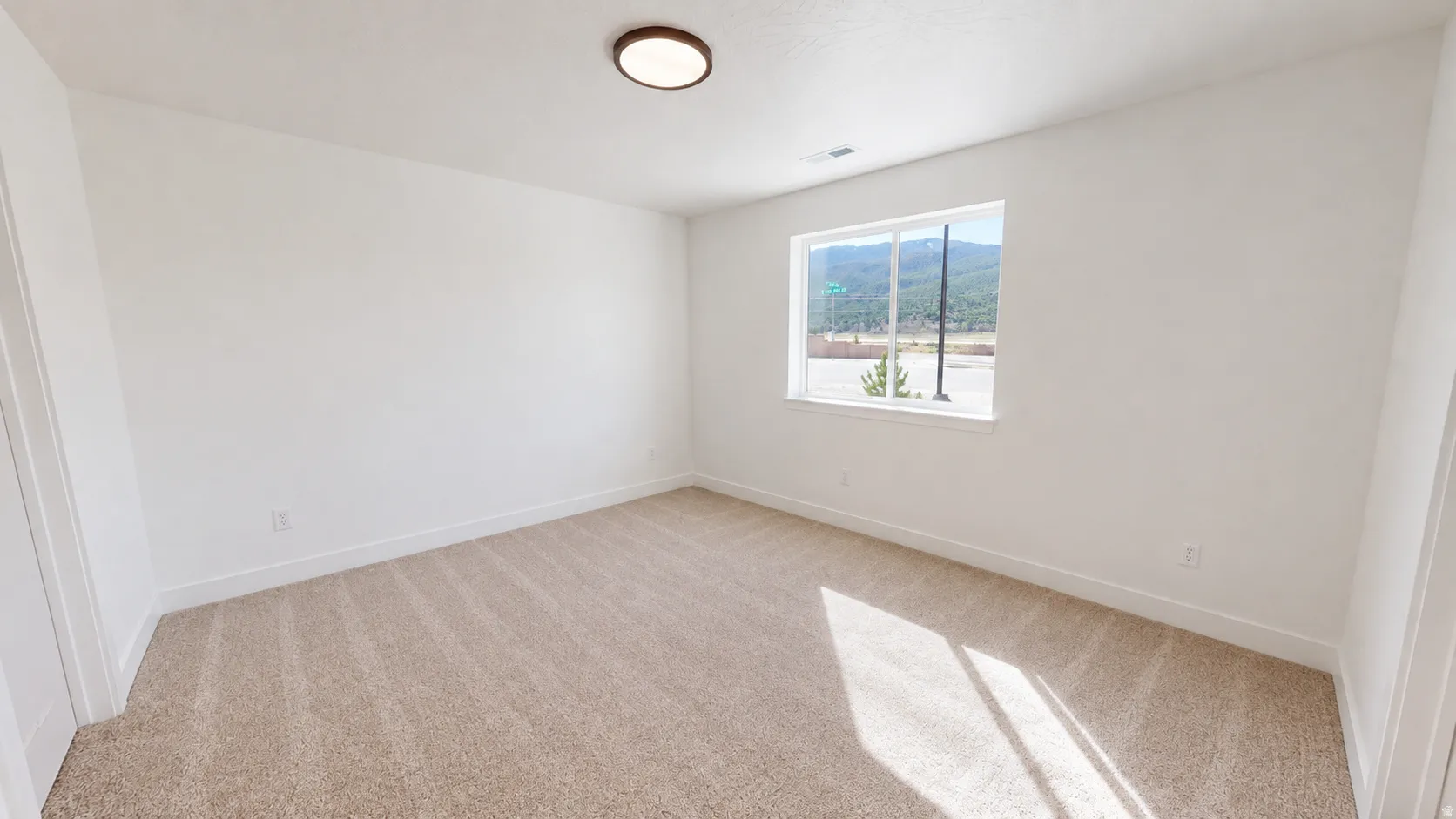 Neutral tone walls, carpeted flooring, and a flush-mount ceiling light