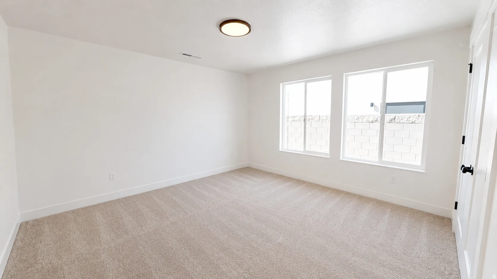 Light-toned carpet flooring, white walls, two white-framed windows, and a flush-mount ceiling light