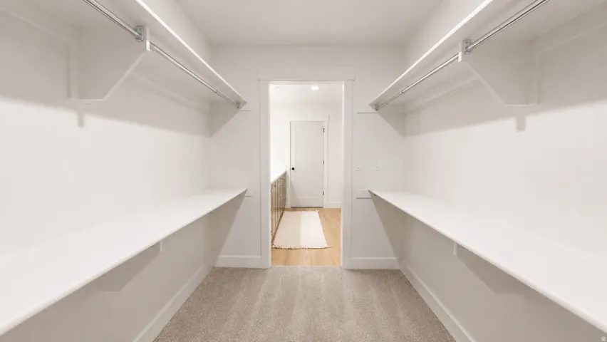 Walk-in closet with light-colored carpeting, white shelving, and hanging rods