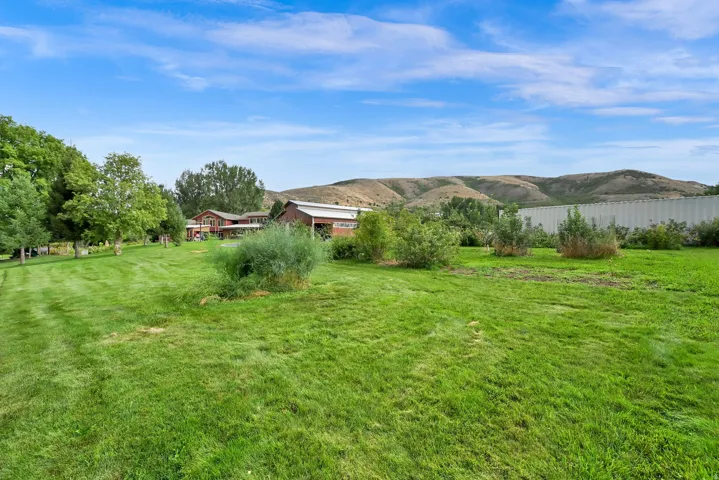 Expansive green lawn with established trees and shrubbery, featuring a red-sided structure and distant hills