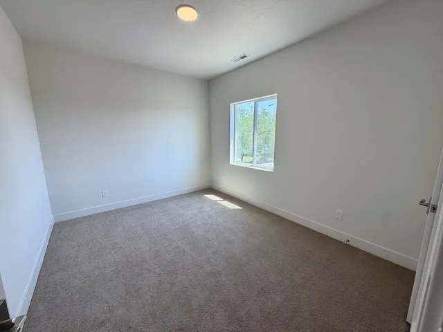 Recessed ceiling light, neutral wall paint, carpet flooring, and a single window with exterior greenery