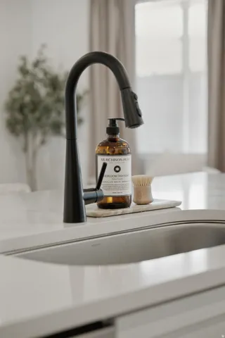 Integrated sink, matte black pull-down faucet, and white countertop