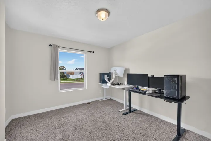 Neutral wall paint, textured carpet, window with curtain rod, and a ceiling-mounted light fixture