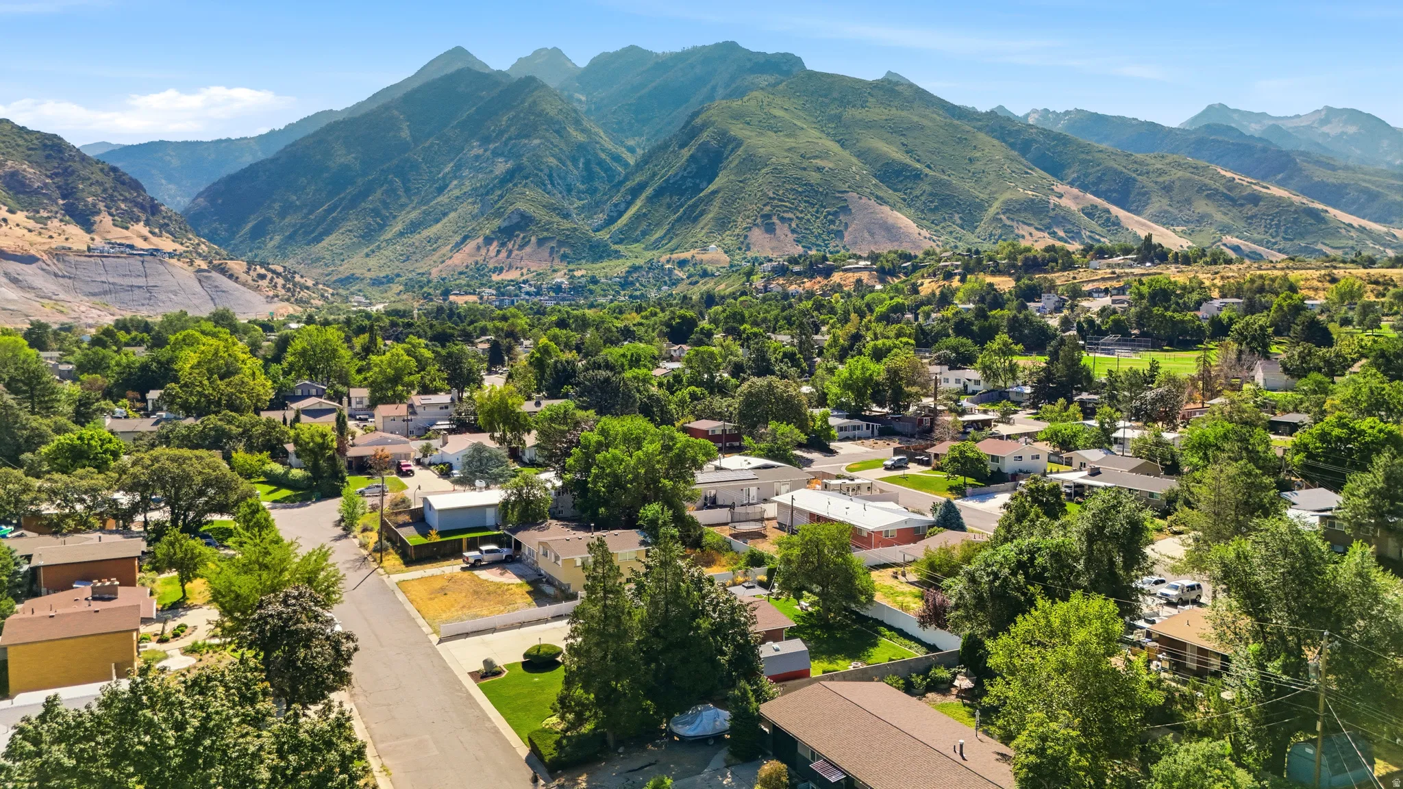 Residential area featuring extensive tree coverage, diverse housing styles, and prominent mountain backdrops