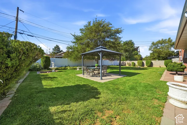 Expansive backyard featuring a central lawn, covered patio area, and mature perimeter landscaping