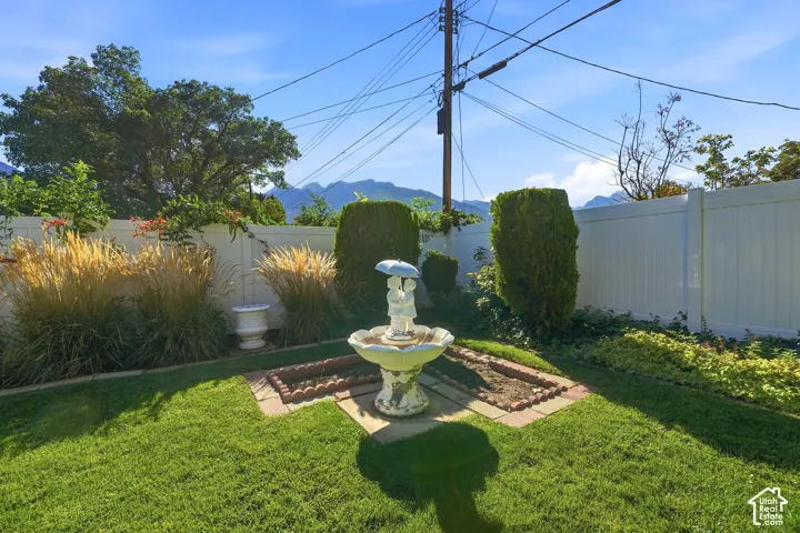 Landscaped yard featuring a decorative fountain, manicured lawn, and privacy fencing