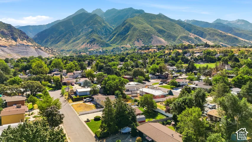 Residential area featuring extensive tree coverage, diverse housing styles, and prominent mountain backdrops