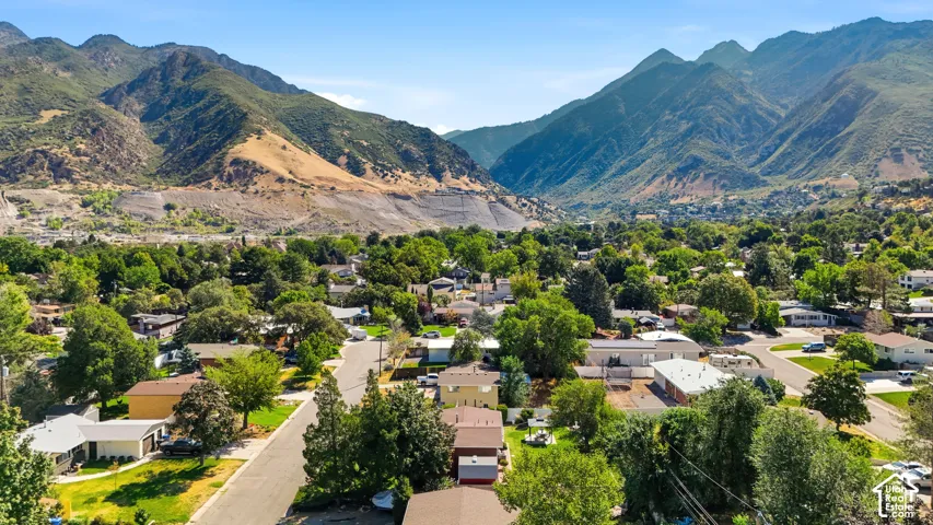Mountainous backdrop with a residential neighborhood