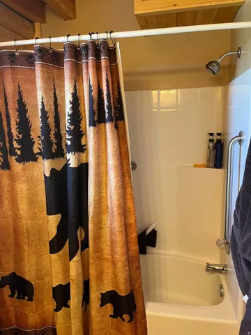 Tub and shower combination with a curved shower curtain rod, a grab bar, and a chrome showerhead