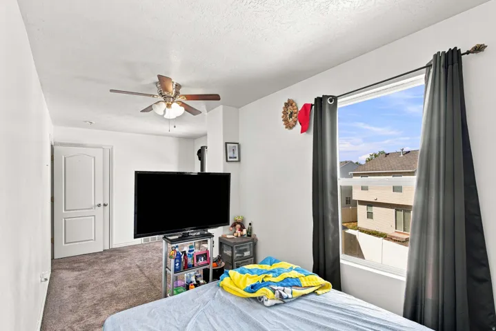 Carpeted room featuring a ceiling fan, white paneled door, and a window with dark curtain rods