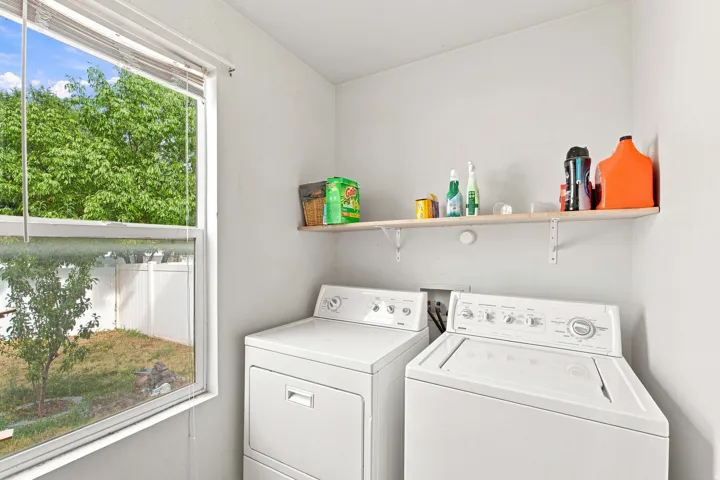 White walls with a single window overlooking a backyard, featuring a white fence and mature trees