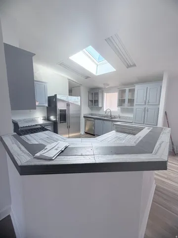 Kitchen with a skylight, light-toned cabinetry, stainless steel appliances, and wood-finish flooring