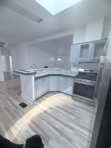 Modern kitchen featuring a skylight, wood-finish flooring, light grey cabinetry, and stainless steel appliances
