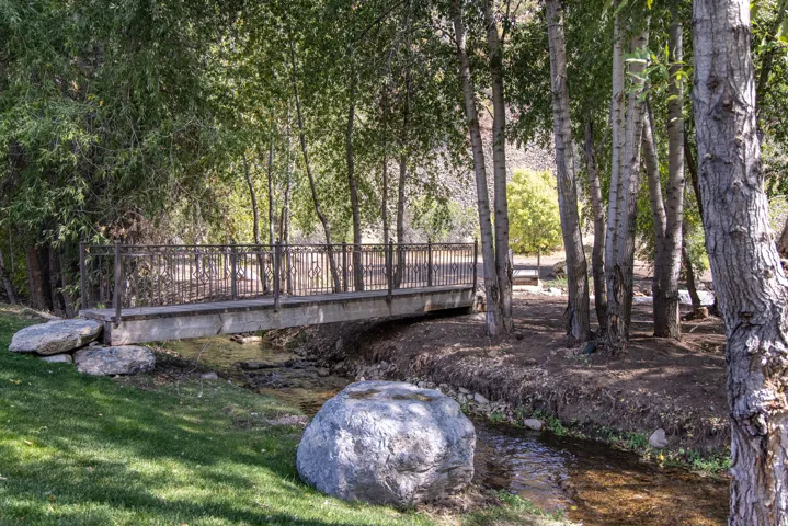 Stone-edged stream with a concrete bridge and wrought iron railing, surrounded by mature trees and a grassy bank