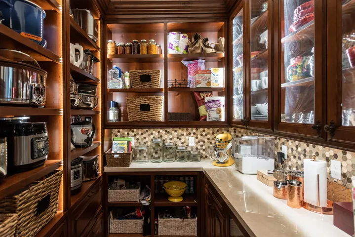 Custom pantry featuring wood shelving, integrated lighting, a honeycomb tile backsplash, and light-toned countertops