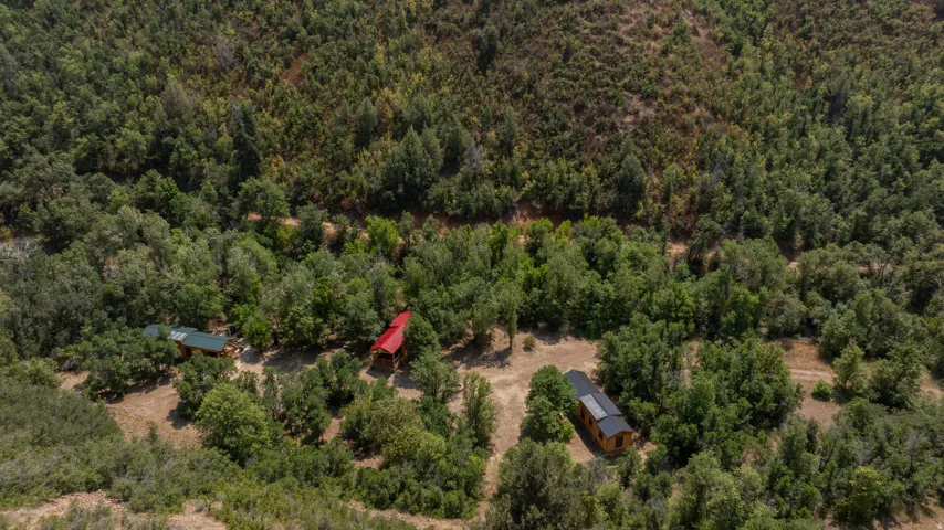 Three distinct structures nestled within a verdant, wooded landscape