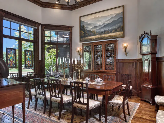 Wood-finish flooring with extensive wood paneling and trim