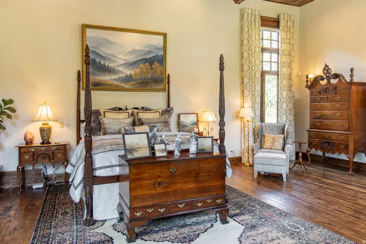 Wood-finish flooring with a decorative area rug
