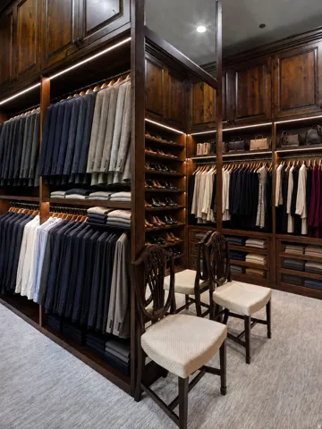 Built-in dark wood cabinetry with integrated lighting, wood-finish shelving, and a soft gray carpet