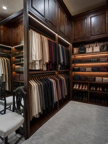 Custom wood cabinetry with integrated lighting, extensive hanging storage, multiple shelving units, and plush gray carpeting