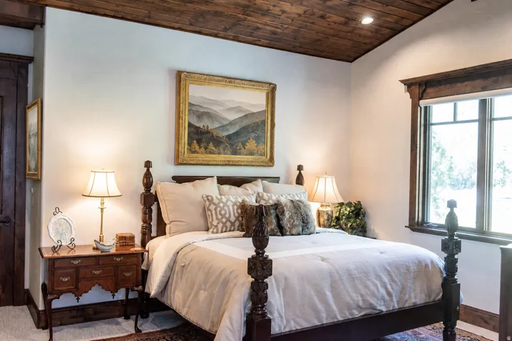 Wood-paneled ceiling with recessed lighting