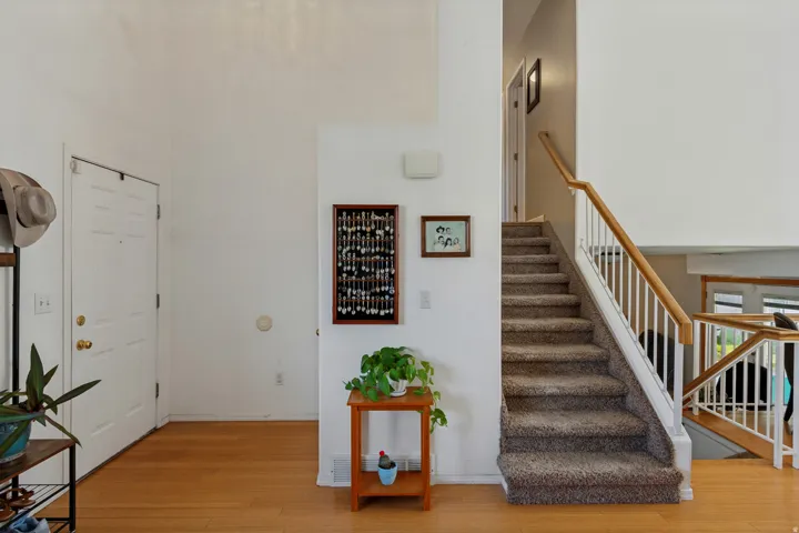Hardwood-finish flooring, two-story entry, carpeted staircase with wood handrail, and white balusters