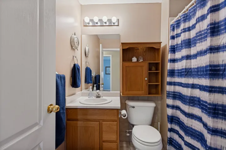 Vanity with integrated sink, wood-finish cabinetry, and wall-mounted light fixture