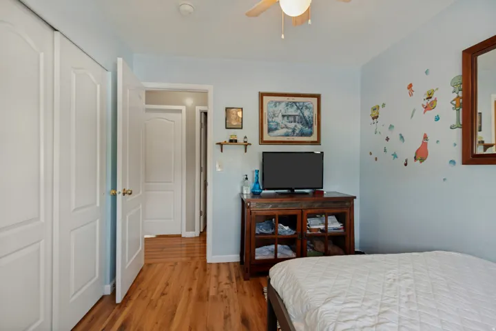 Wood-finish flooring, white panel doors, and a ceiling fan with integrated lighting