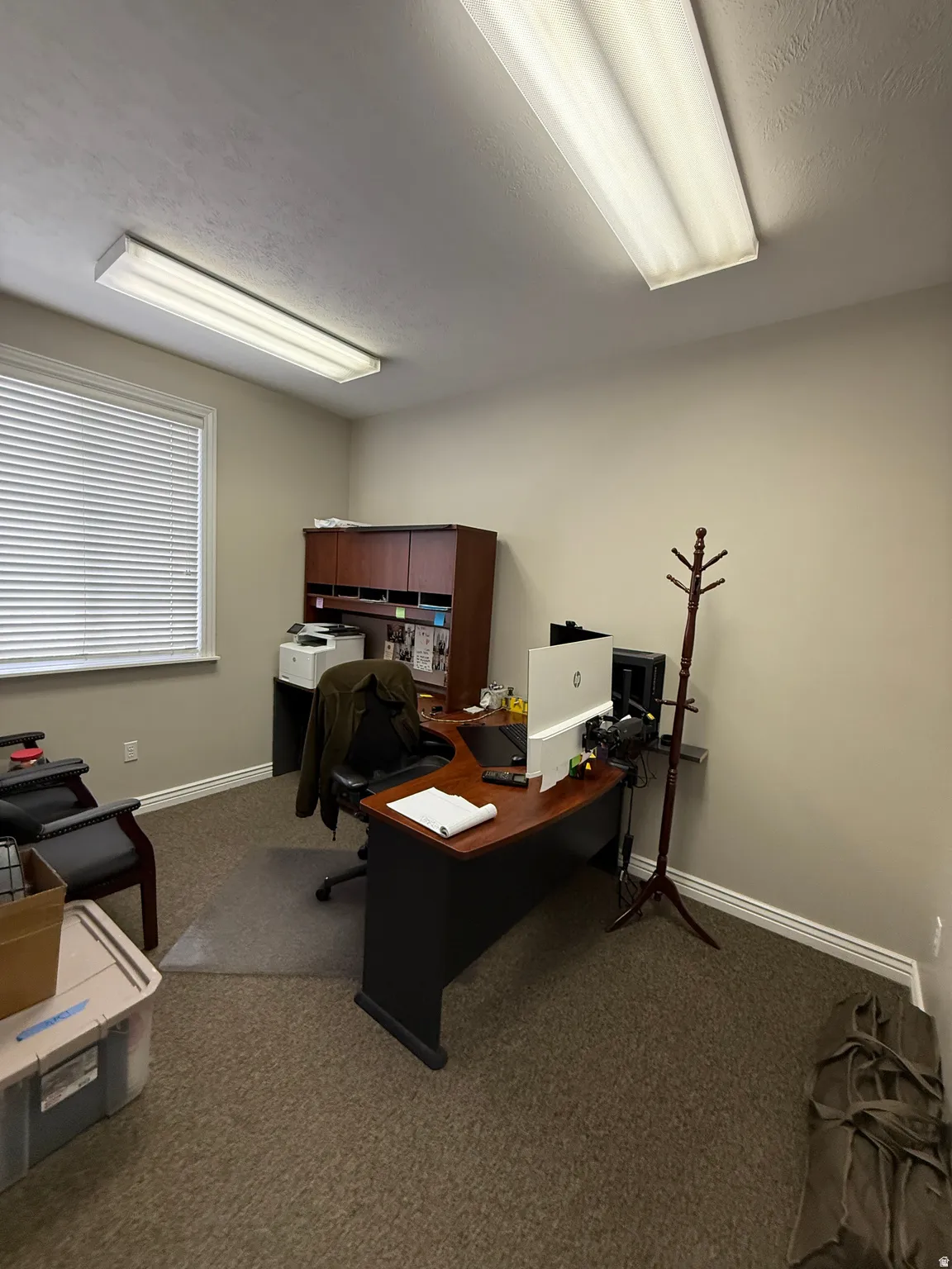 Wall-to-wall carpeting, window with horizontal blinds, built-in cabinetry, and overhead fluorescent lighting
