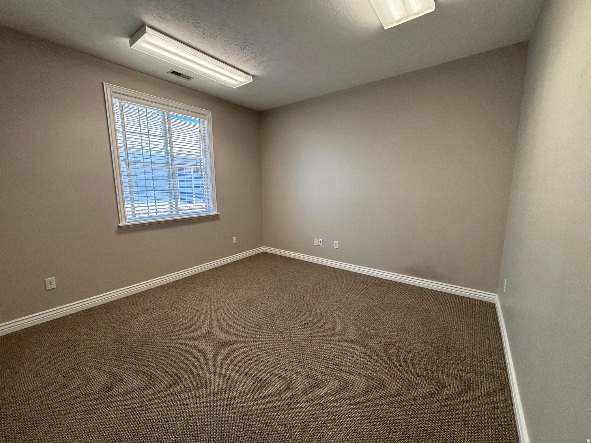 Neutral tone wall paint, window with blinds, white trim, and overhead lighting