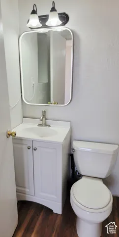White vanity with integrated sink, contemporary wall-mounted mirror, brushed nickel faucet, and wood-finish flooring