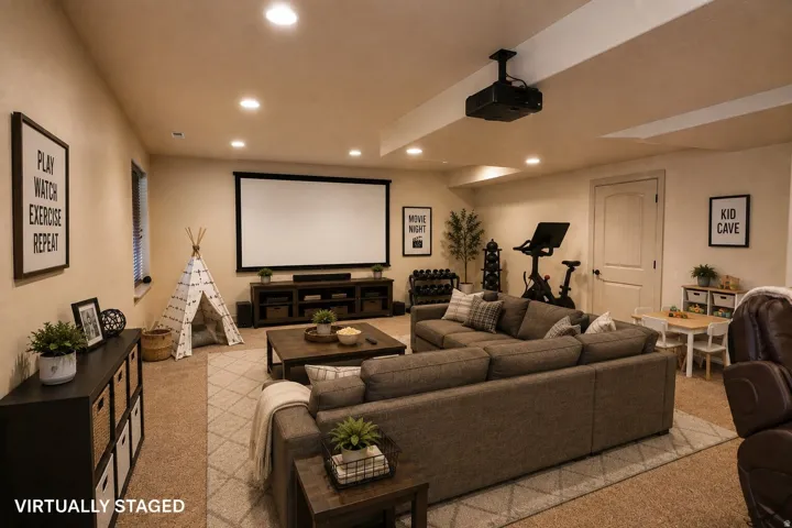 Spacious recreation room featuring recessed lighting, a large projection screen, and a ceiling-mounted projector