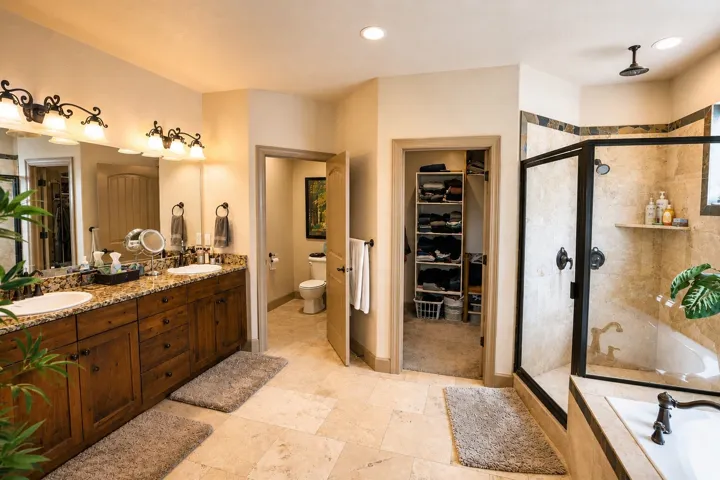 Dual vanity with integrated sinks and a stone-finish countertop