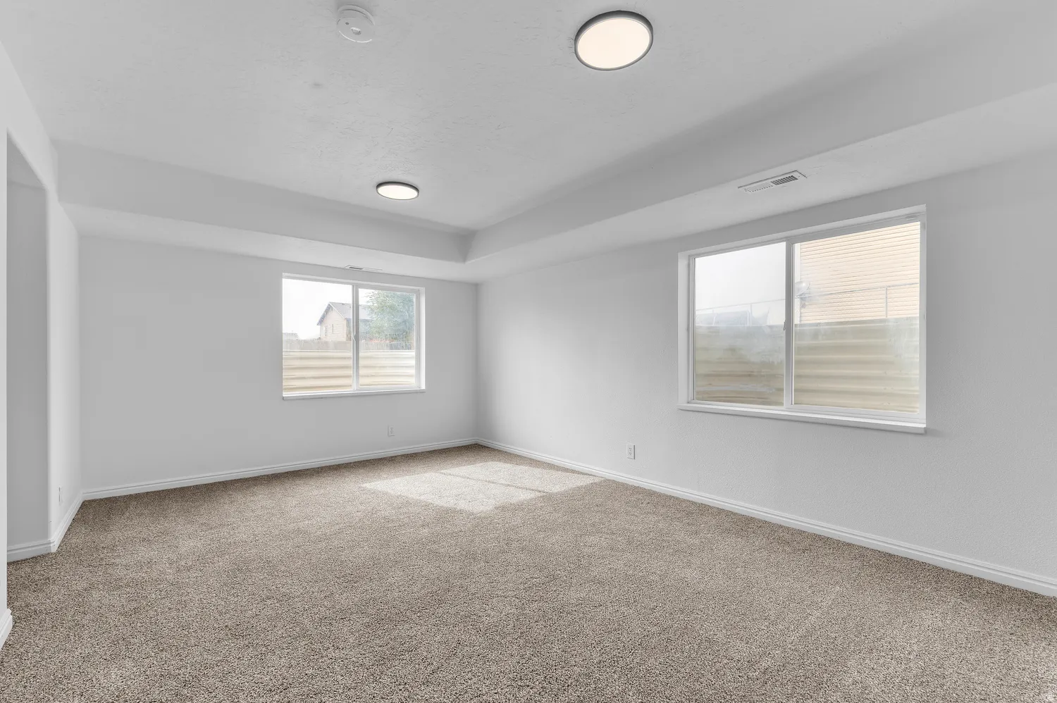 Spacious room featuring neutral carpet, white walls, two windows, and flush-mount ceiling lighting