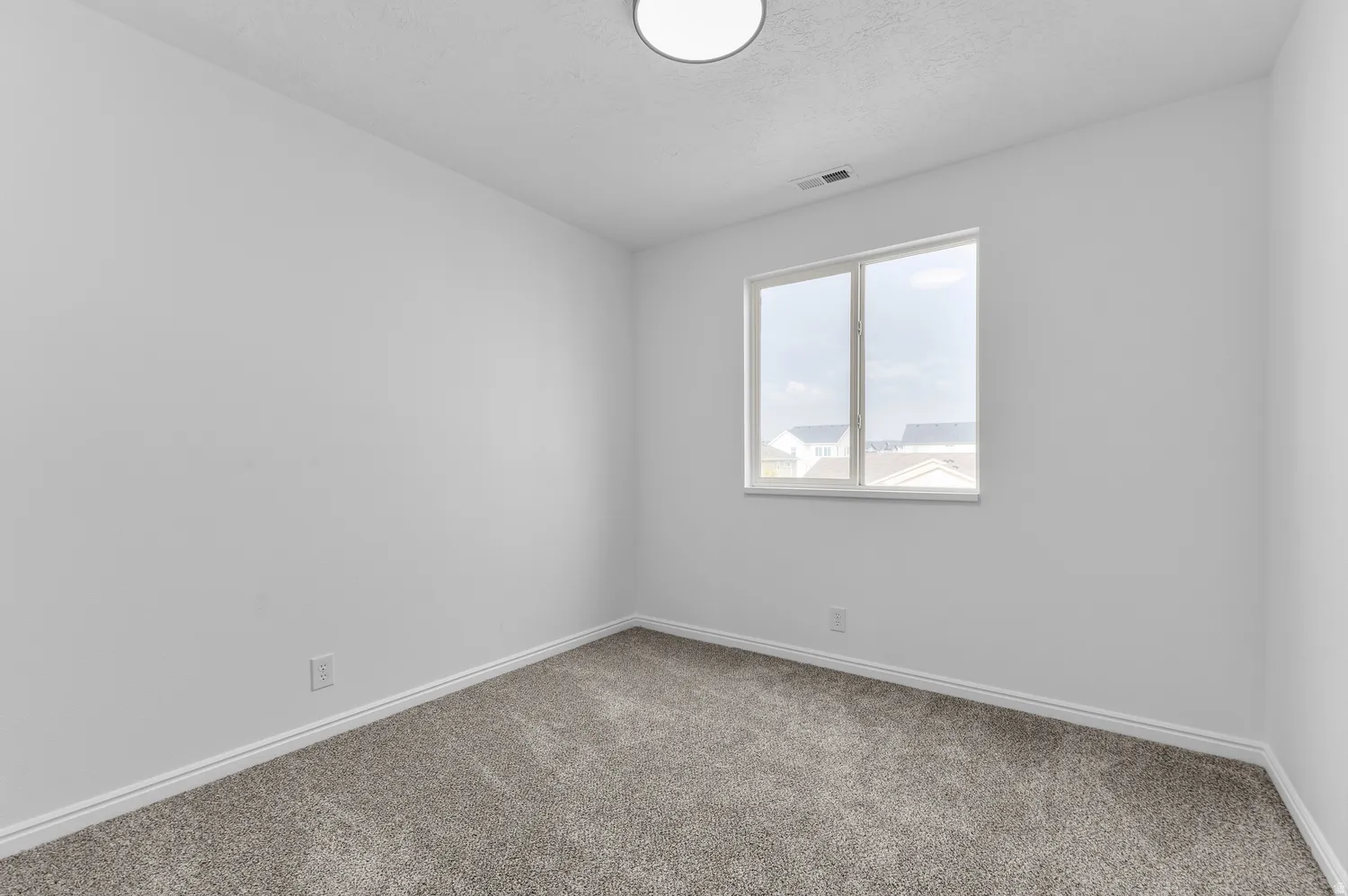 Neutral wall paint, gray carpeting, dual-pane window, flush-mount ceiling light