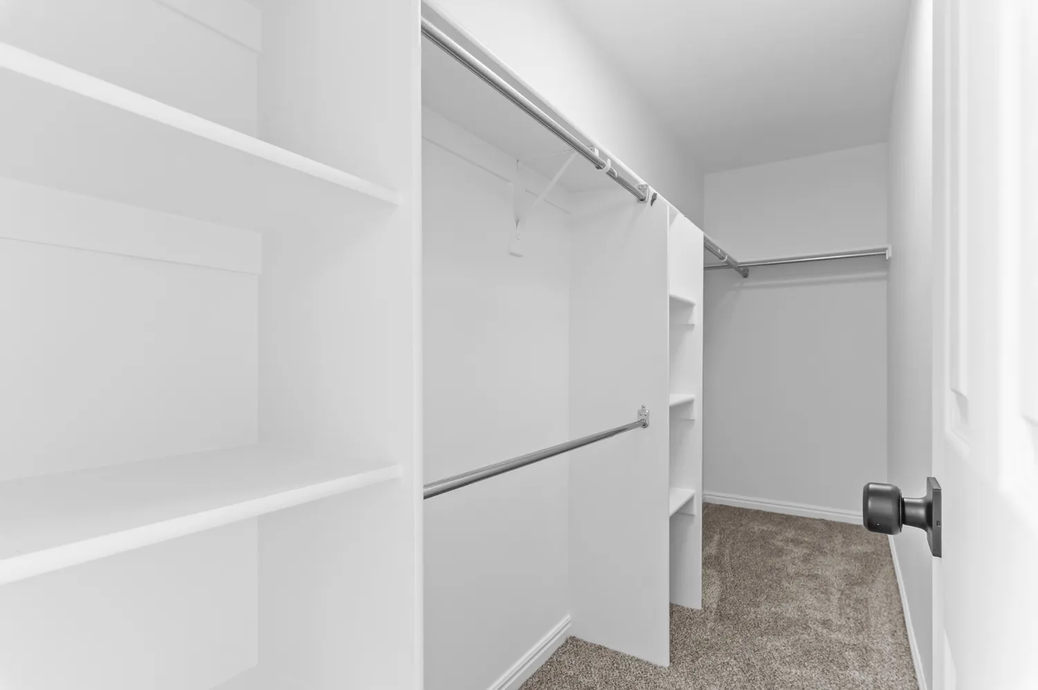 Walk-in closet featuring built-in shelving, multiple hanging rods, and carpeting