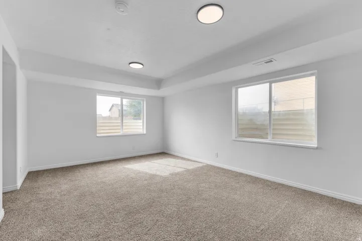 Spacious room featuring neutral carpet, white walls, two windows, and flush-mount ceiling lighting